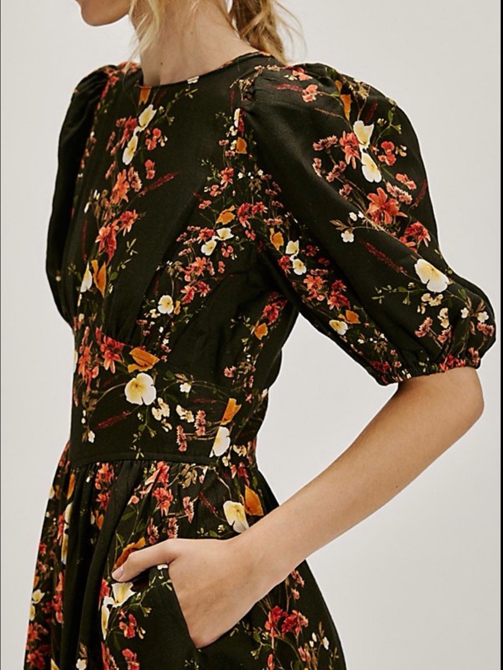 SAYLOR Free People Dark Olive Floral Puff-Sleeve Mini Dress - Picture 2 of 16